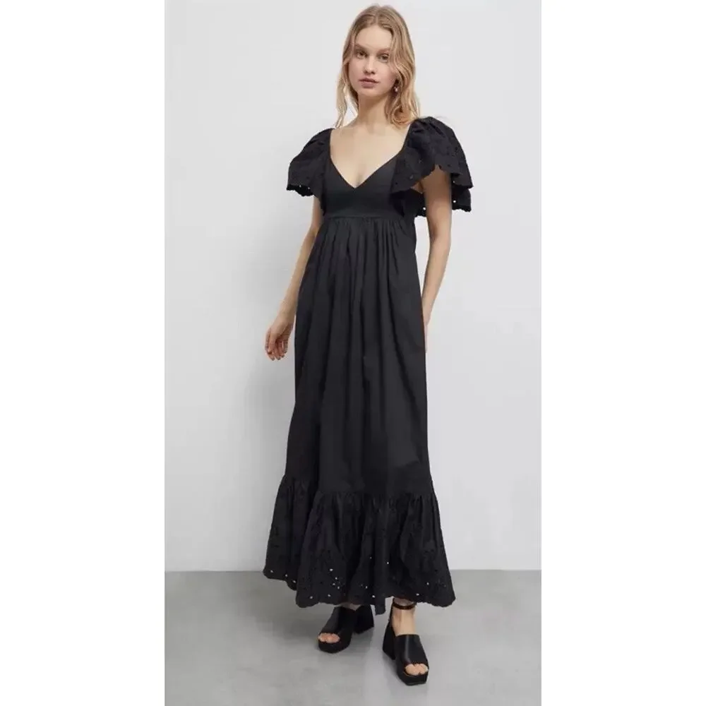 En Saison Barnette Black Midi Dress Eyelet Sleeves Size XS Pockets NWT